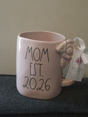 Rae Dunn MOM EST. 2026 Pink Ceramic Coffee Mug with Floral Handle. Mothers Day